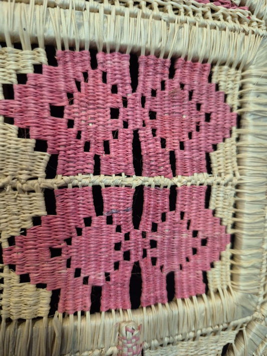 Tan w/Pink Vintage Hand-Woven Fan, 9" × 14"