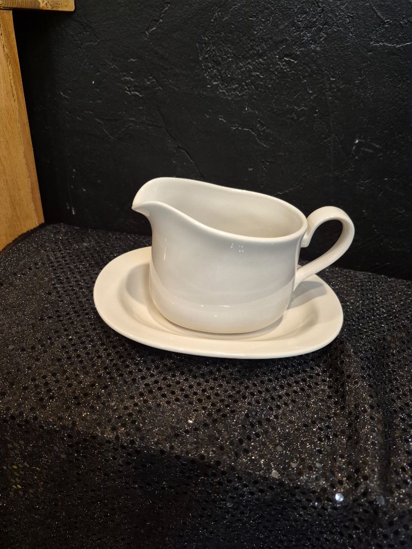 White Corning Glass Gravy Boat, 8" × 6"