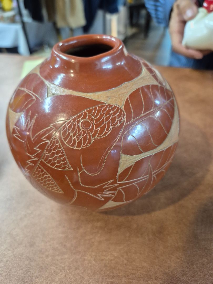 Red  Hand-etched Signed Vase, 6" × 5"