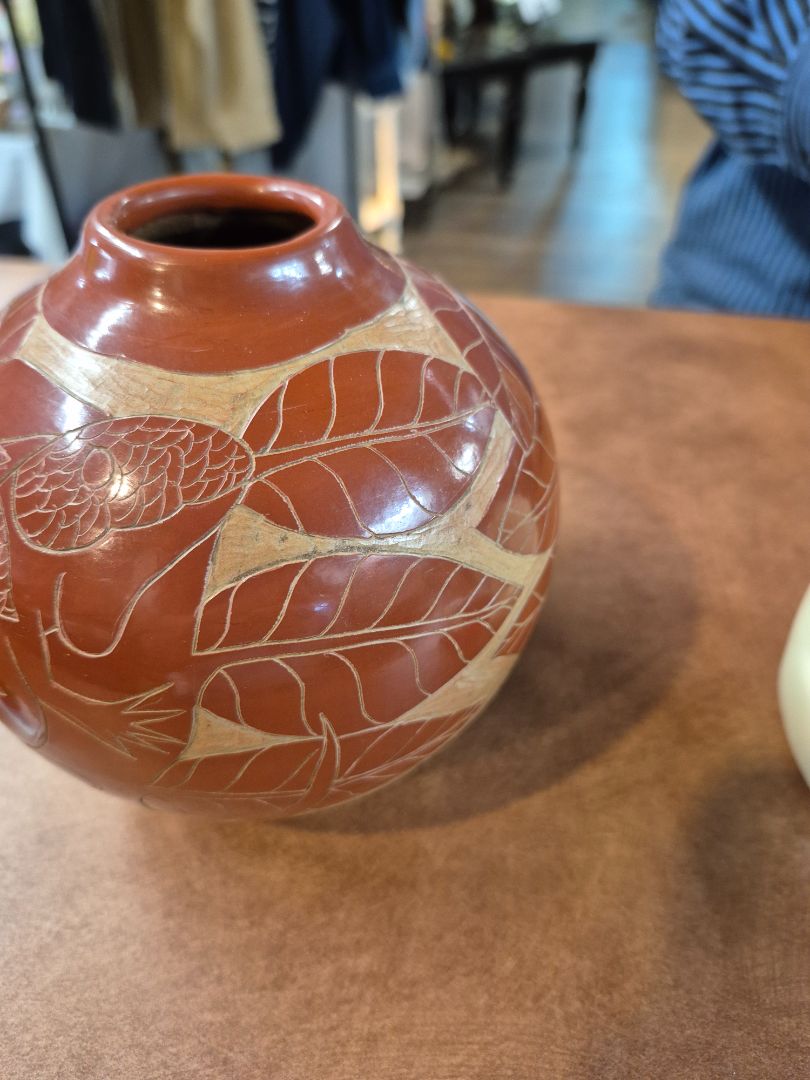 Red  Hand-etched Signed Vase, 6" × 5"