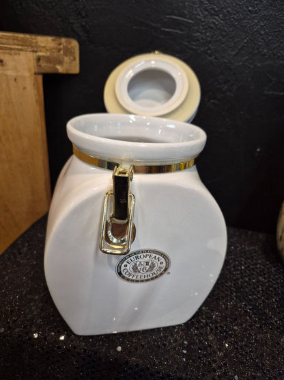White w/Gold Vintage European Coffeehouse Ceramic Canister, 6" × 8" × 4.5"