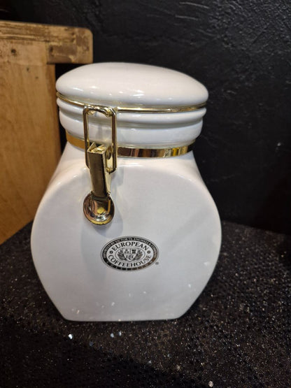 White w/Gold Vintage European Coffeehouse Ceramic Canister, 6" × 8" × 4.5"