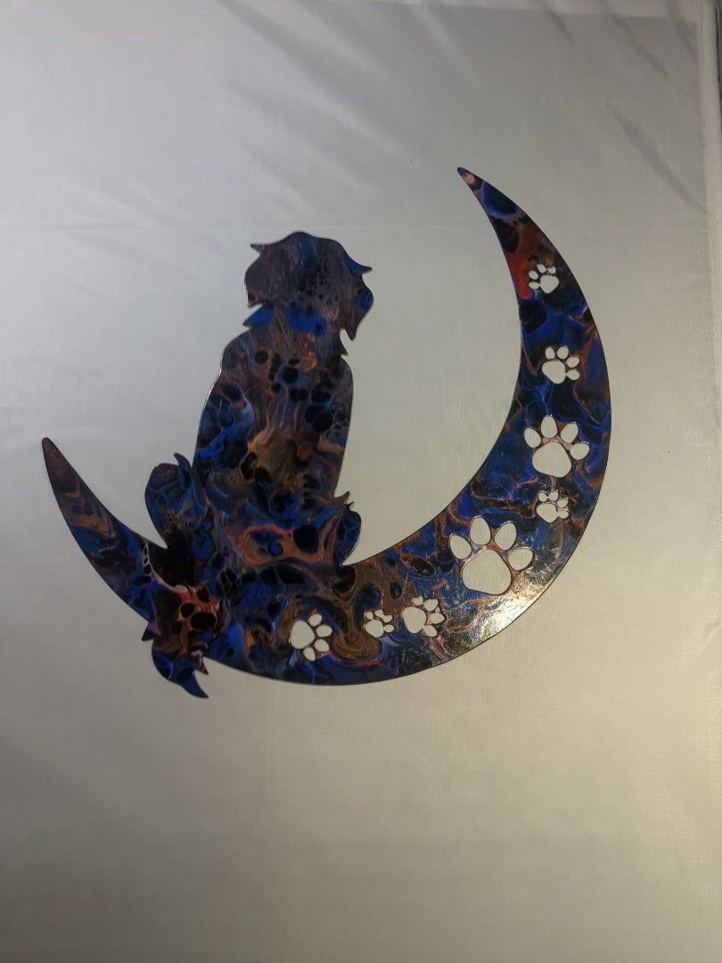 Metallic blue, green and copper Luminous Creations Metal Acrylic Poured Dog on the Moon, 12 inches X 12 inches