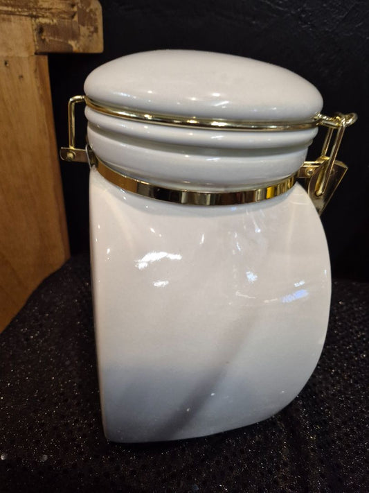 White w/Gold Vintage European Coffeehouse Ceramic Canister, 6" × 8" × 4.5"