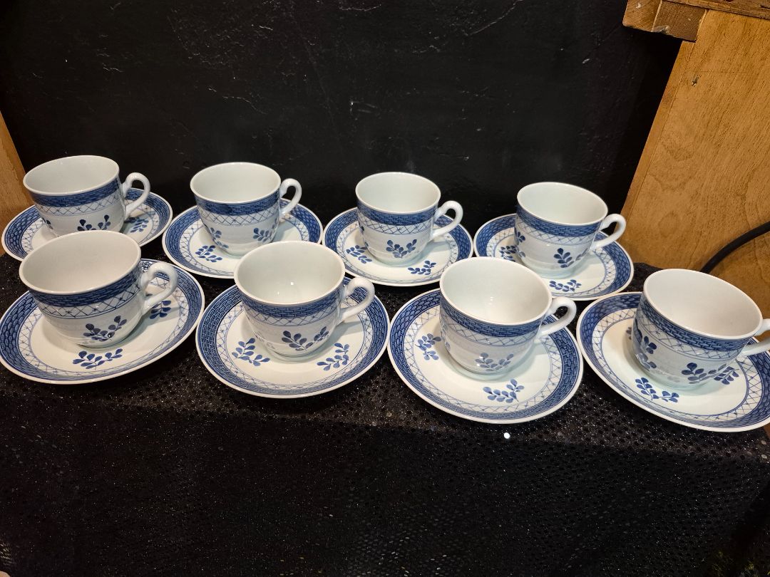 Royal Copenhagen Tranquebar Blue Porcelin Set of 8 Cups and Saucers
