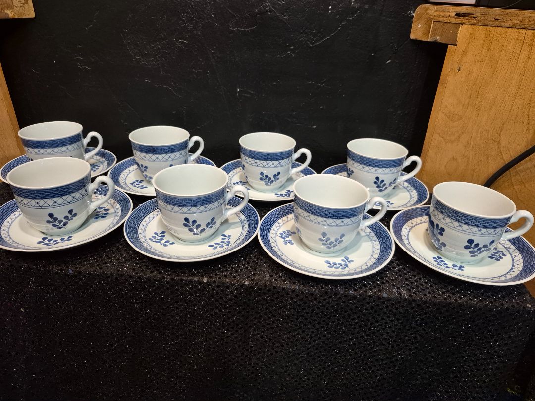Royal Copenhagen Tranquebar Blue Porcelin Set of 8 Cups and Saucers