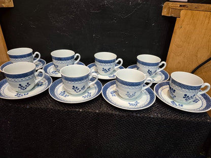 Royal Copenhagen Tranquebar Blue Porcelin Set of 8 Cups and Saucers