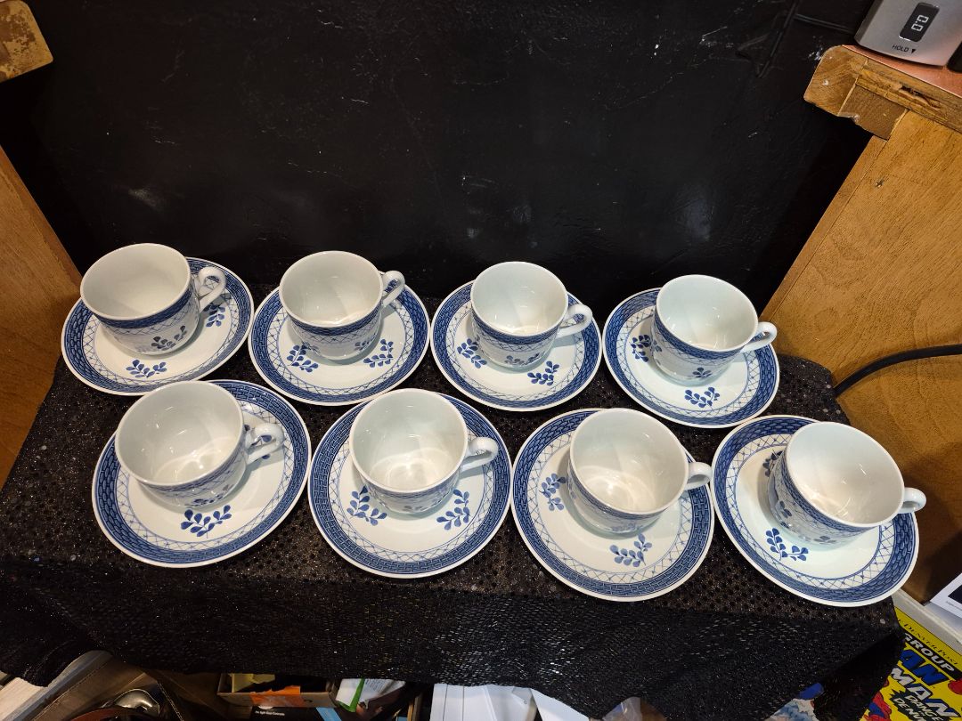 Royal Copenhagen Tranquebar Blue Porcelin Set of 8 Cups and Saucers