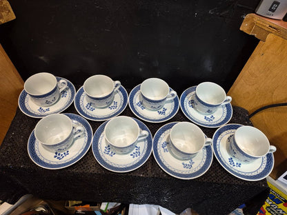 Royal Copenhagen Tranquebar Blue Porcelin Set of 8 Cups and Saucers