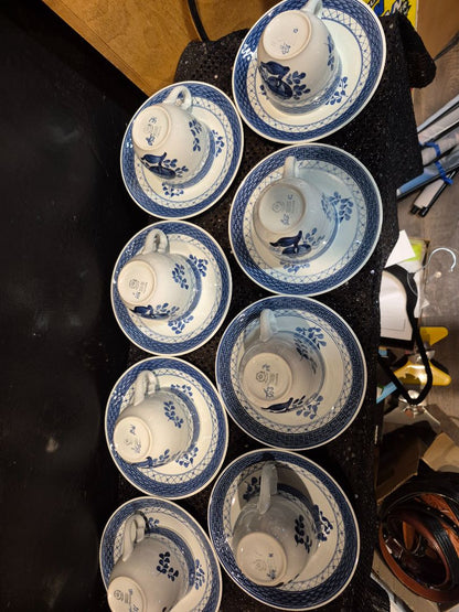 Royal Copenhagen Tranquebar Blue Porcelin Set of 8 Cups and Saucers