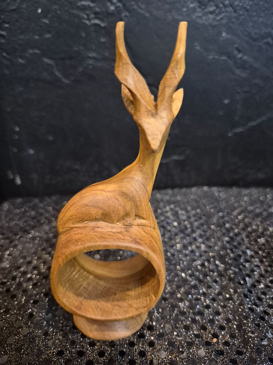 Hand-Carved Wooden Antelope Napkin Ring, 2" × 5" × 1.5"