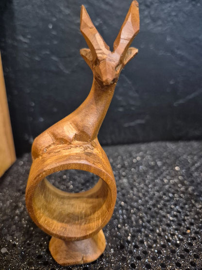 Hand-Carved Wooden Antelope Napkin Ring, 2" × 5" × 1.5"
