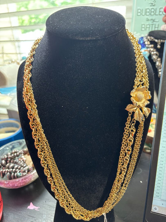 Necklace - Vintage Gold-tone multi-strand chain necklace w/ Decorative Floral Clasp