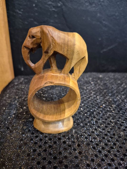 Hand-Carved Wooden Elephant Napkin Ring, 2.5" × 4" × 1.5"