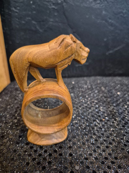 Hand-Carved Wooden Lion Napkin Ring, 2.5" × 4" × 1.5"