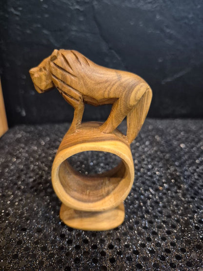 Hand-Carved Wooden Lion Napkin Ring, 2.5" × 4" × 1.5"