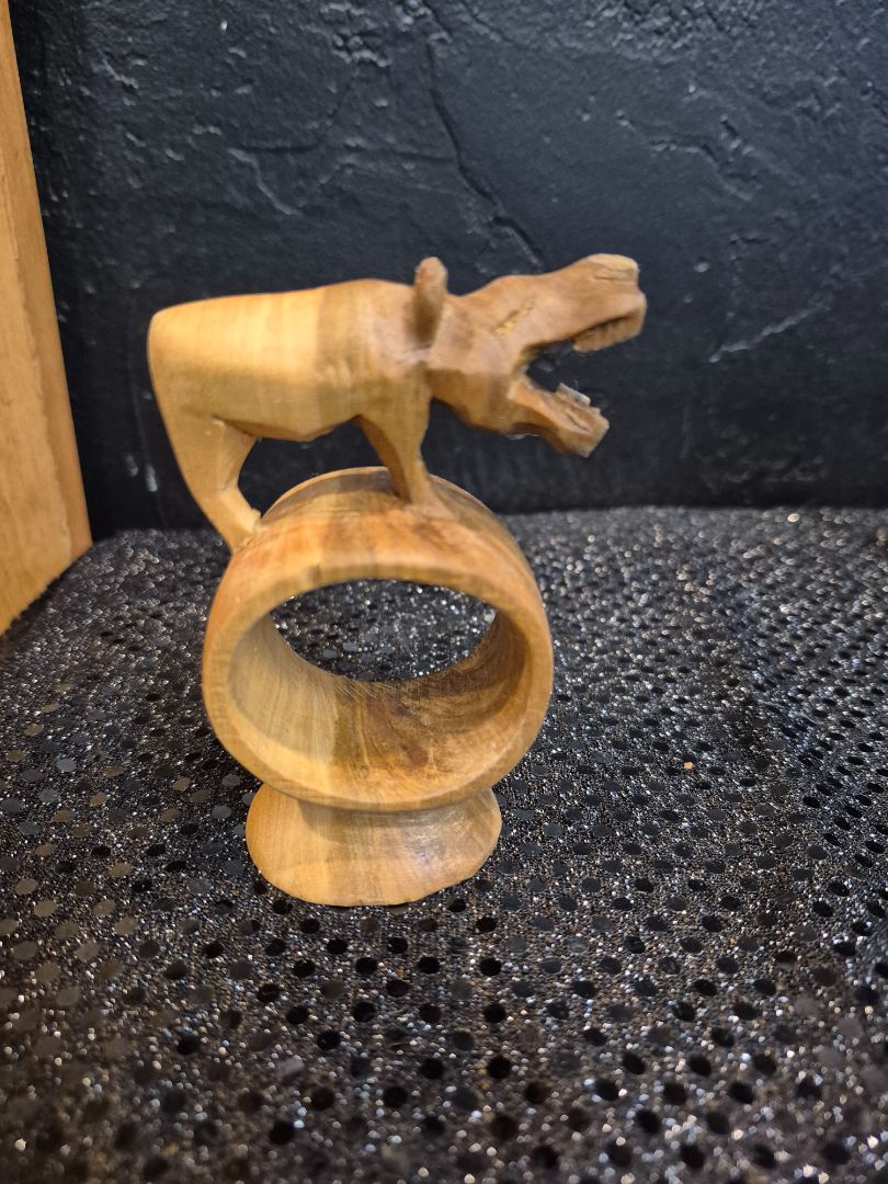 Hand-Carved Wooden Hippopotamus Napkin Ring, 2.5" × 4" × 1.5"