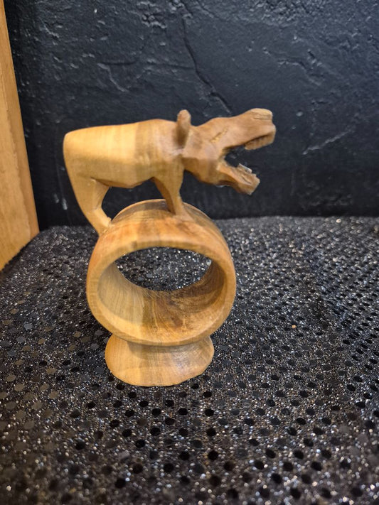 Hand-Carved Wooden Hippopotamus Napkin Ring, 2.5" × 4" × 1.5"