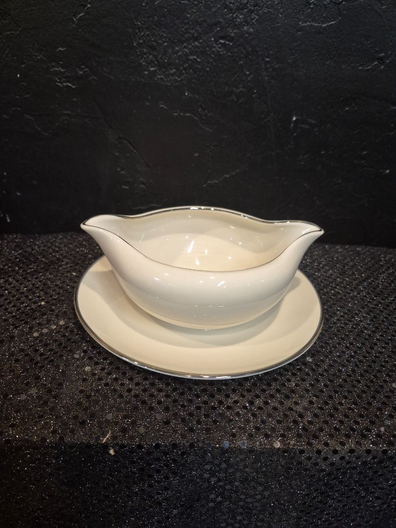 DSC Fine China Set, 8 Place Settings, +Sugar Bowl w/Lid, Creamer, Gravy Boat, and Serving Tray, 44 pieces