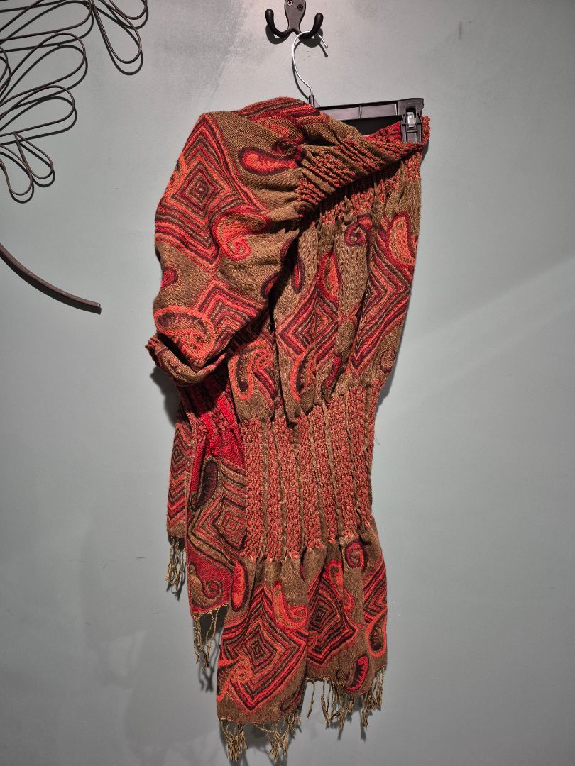Red w/Brown Patterns  Scarf, 72"