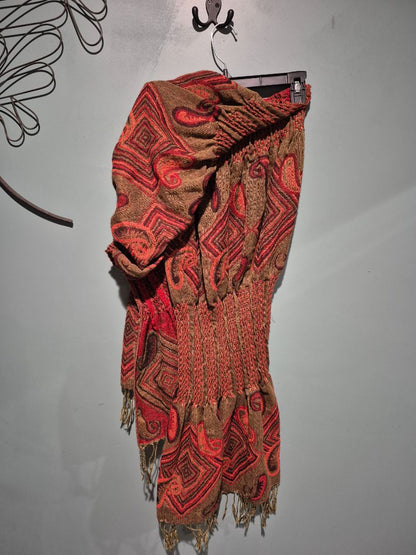Red w/Brown Patterns  Scarf, 72"
