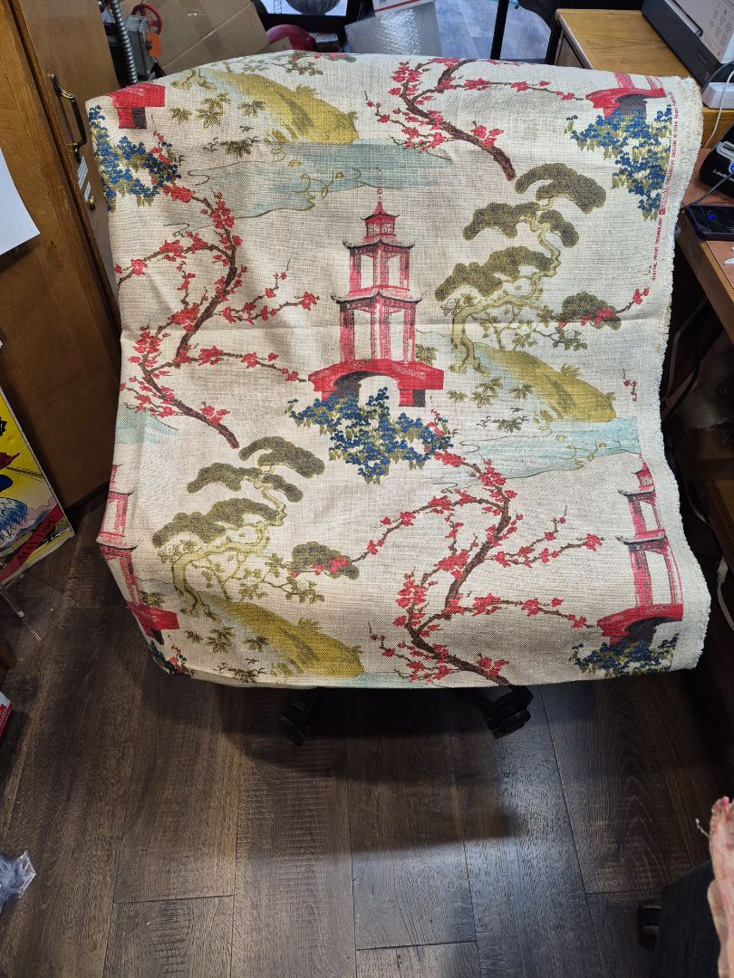 Tan w/Red Temple Type Bulding Regal Fabrics ExclusiveBasketweave Fabric, 57" × 76"