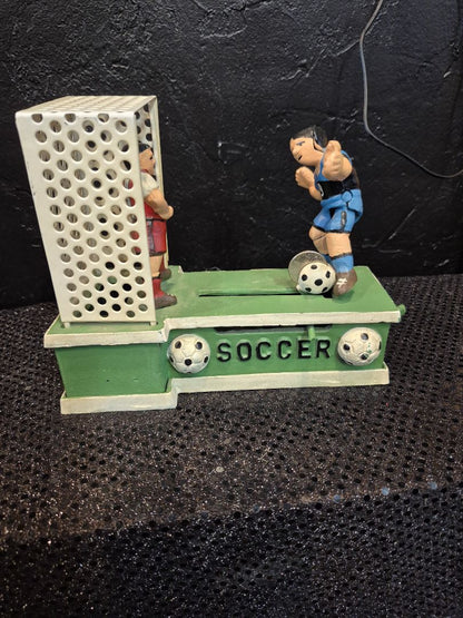 Vintage Cast Iron Soccer Mechanical Coin Bank, 7" × 6.25" × 4"