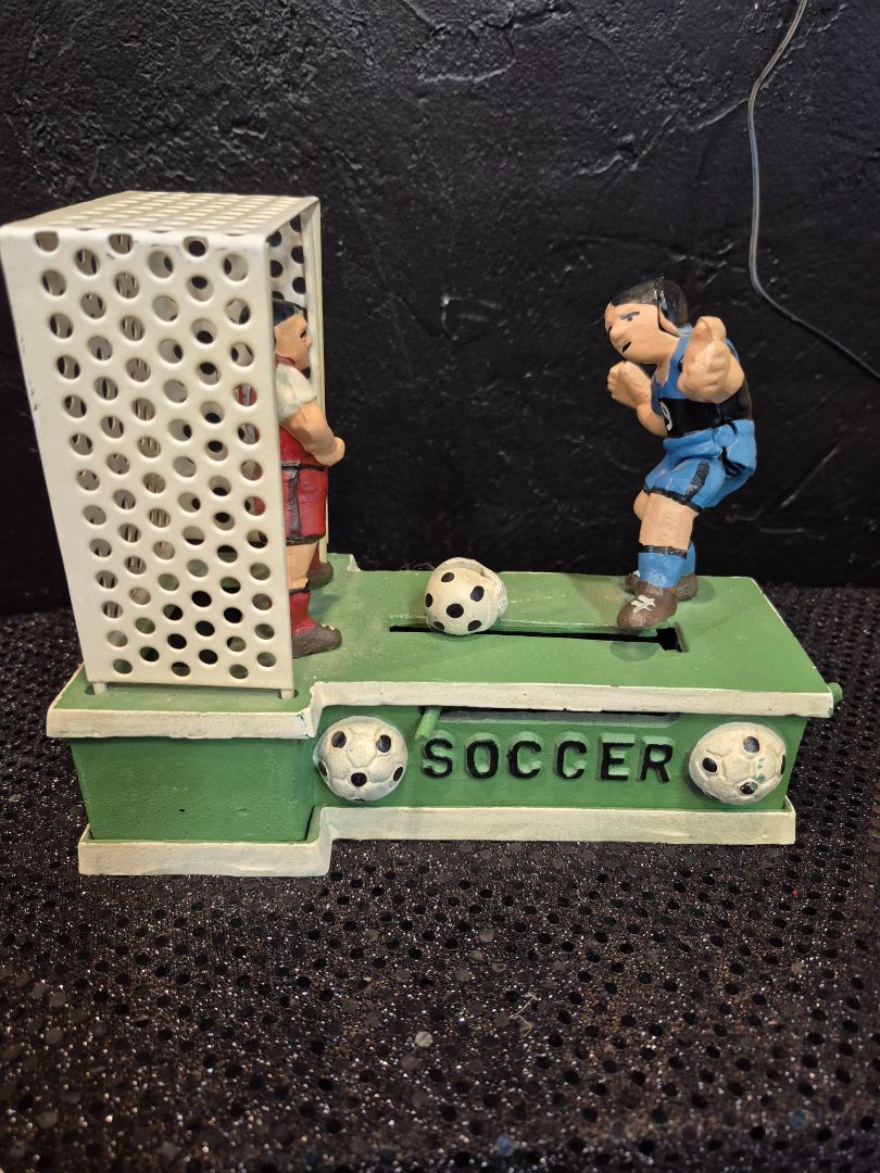 Vintage Cast Iron Soccer Mechanical Coin Bank, 7" × 6.25" × 4"