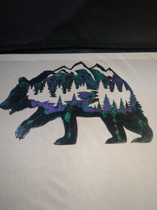 Purple Green Luminous Creations Acrylic Poured Bear, 12 inches X 10 inches