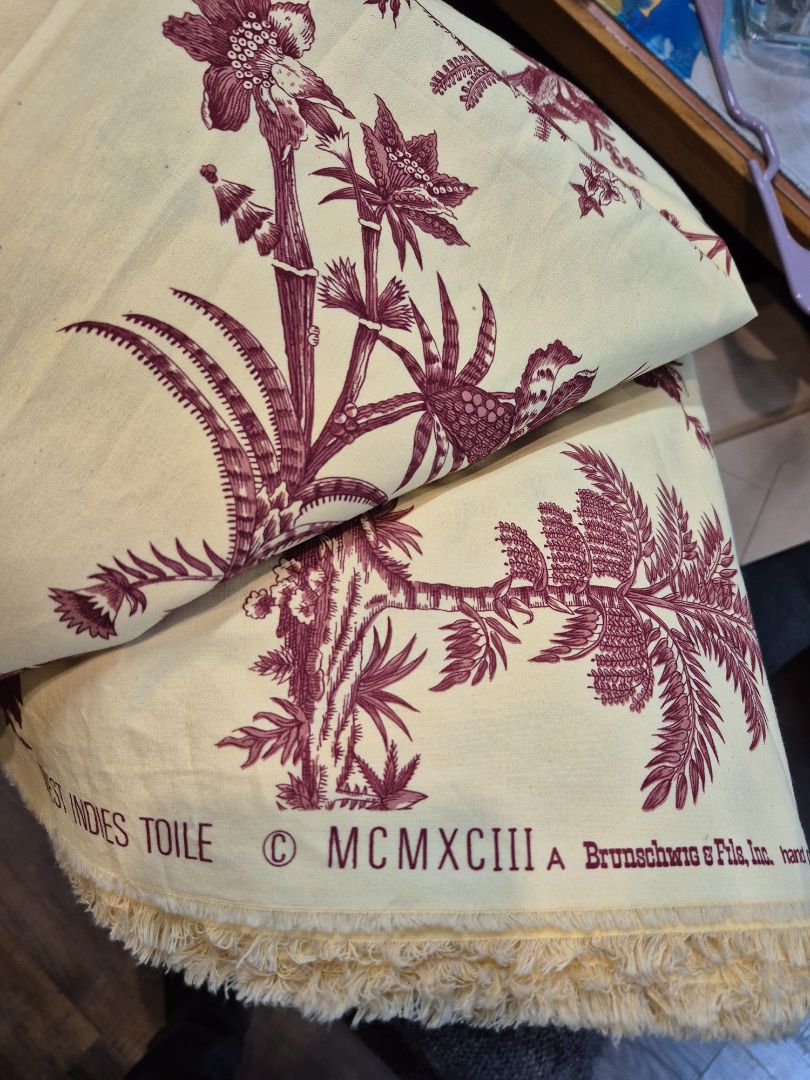 Tan w/Red Design  West Indies Toile Fabric, 6.75 Yards