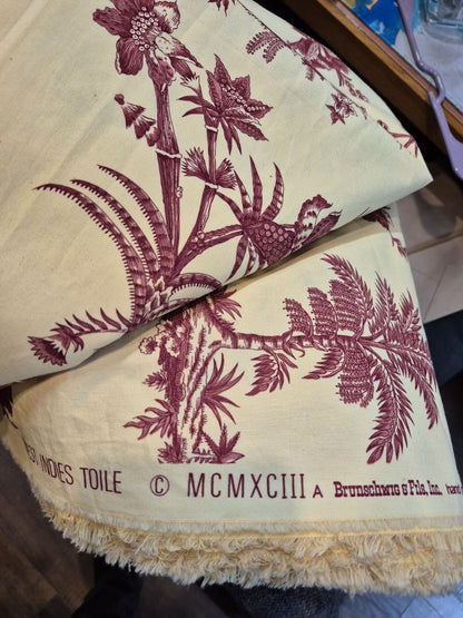 Tan w/Red Design  West Indies Toile Fabric, 6.75 Yards