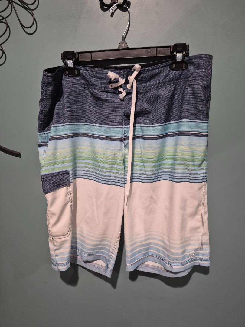 Blue, Teal, & White Hang Ten Striped Board Shorts, 34