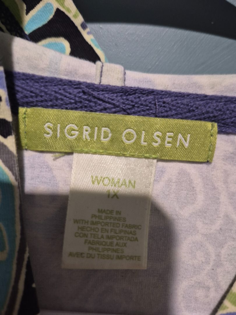 Green & Blues Patterened Sigrid Olsen Women's Full Zippered Hoodie, 1X
