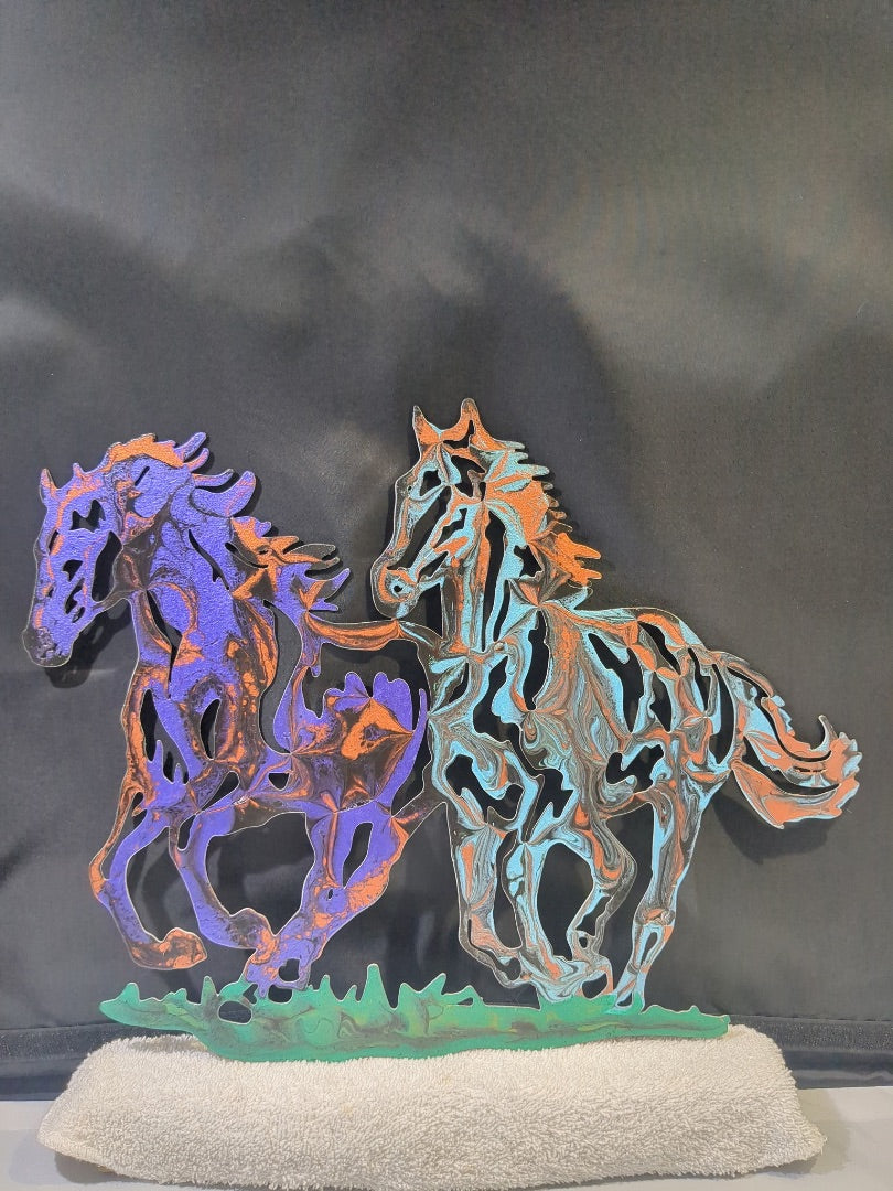 Purple and Blue with metallics Luminous Creations Acrylic Poured Horses, 12 inches X 10