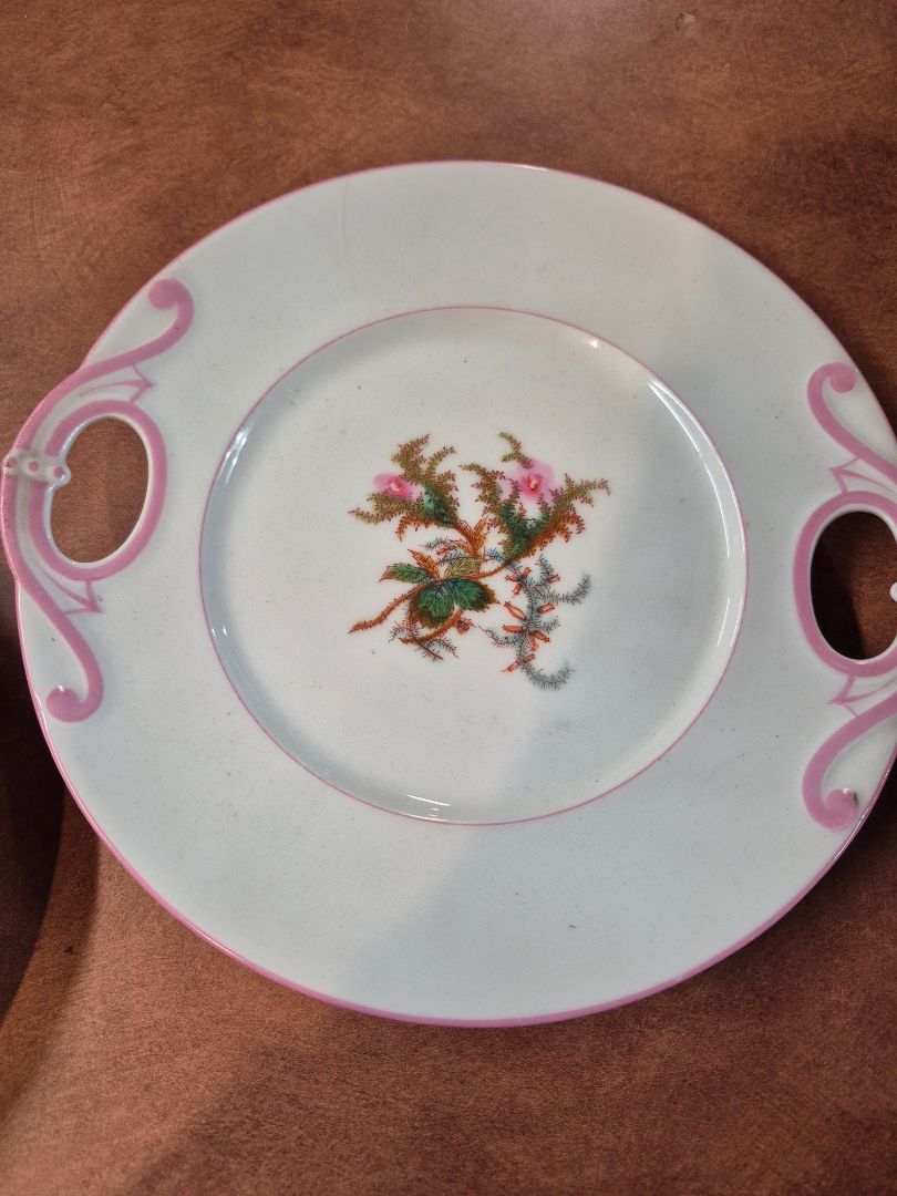 Haviland Moss Rose Pink Trim Handled Cake Plate, 9.5"