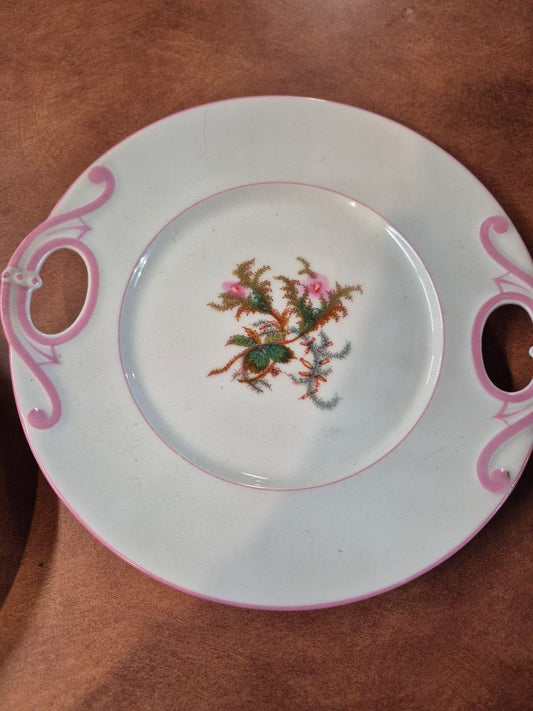 Haviland Moss Rose Pink Trim Handled Cake Plate, 9.5"