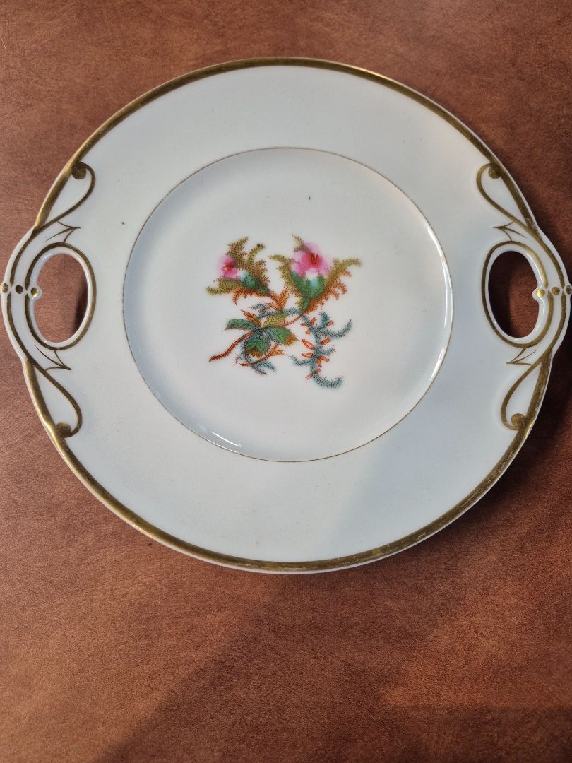 Haviland Moss Rose Gold Trim Handled Cake Plate, 9.5"