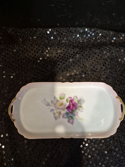 Pink & Yellow Roses Vintage Miniature Creamer and Sugar Bowl on Tray, 7.5" × 3.5" × 3.25"