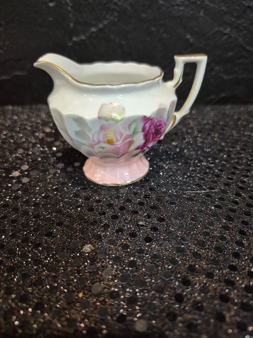 Pink & Yellow Roses Vintage Miniature Creamer and Sugar Bowl on Tray, 7.5" × 3.5" × 3.25"