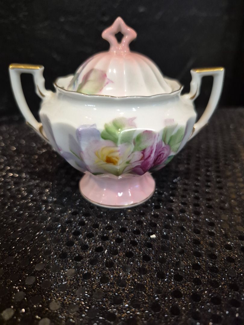 Pink & Yellow Roses Vintage Miniature Creamer and Sugar Bowl on Tray, 7.5" × 3.5" × 3.25"