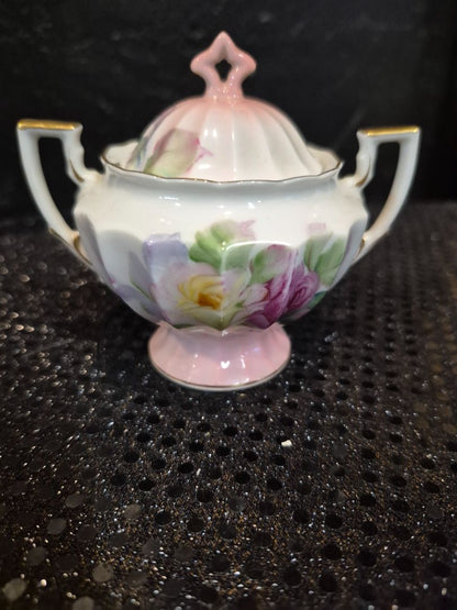 Pink & Yellow Roses Vintage Miniature Creamer and Sugar Bowl on Tray, 7.5" × 3.5" × 3.25"