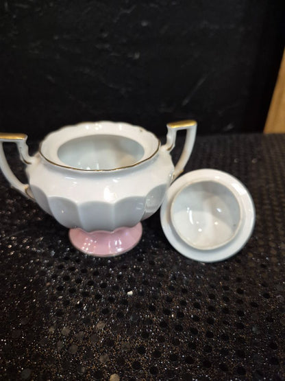 Pink & Yellow Roses Vintage Miniature Creamer and Sugar Bowl on Tray, 7.5" × 3.5" × 3.25"