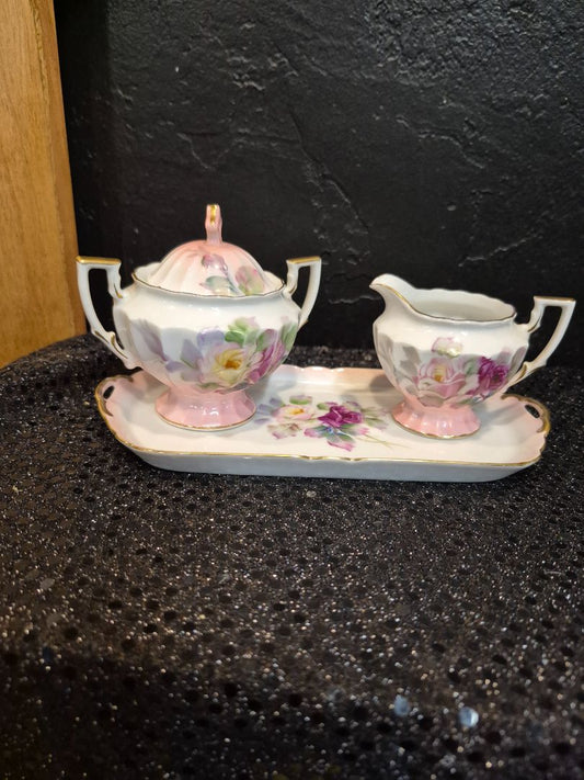 Pink & Yellow Roses Vintage Miniature Creamer and Sugar Bowl on Tray, 7.5" × 3.5" × 3.25"