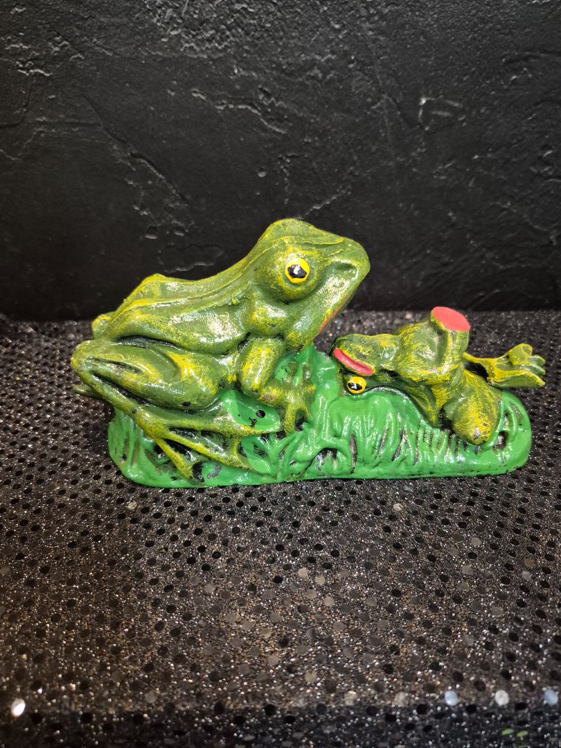 Green  Vintage Cast Iron Mechanical Coin Bank, 8" × 3.5" × 4"