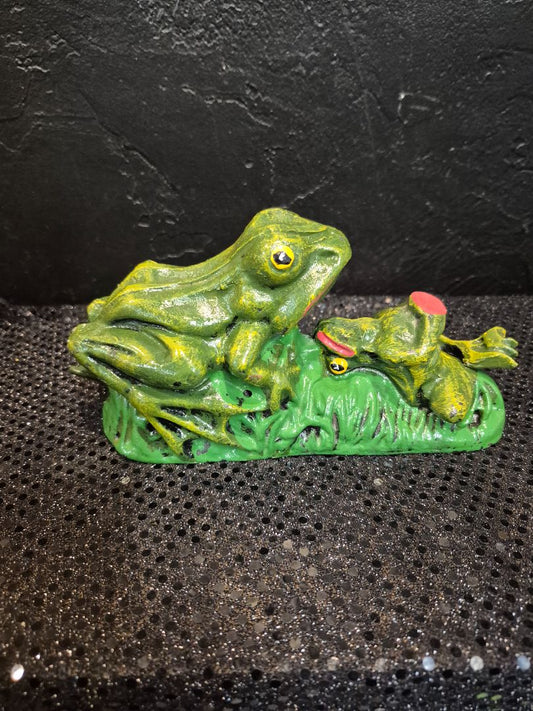Green  Vintage Cast Iron Mechanical Coin Bank, 8" × 3.5" × 4"