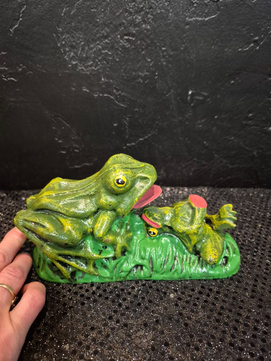 Green  Vintage Cast Iron Mechanical Coin Bank, 8" × 3.5" × 4"