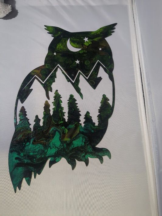 Green Luminous Creations Acrylic Poured Night Owl, 14 inches X 8 inches
