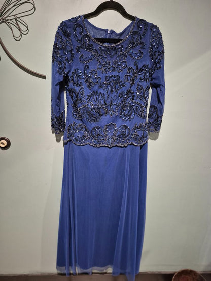 Blue Oleg Cassini Sequin 3/4 Sleeve Formal Dress, 12