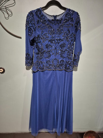 Blue Oleg Cassini Sequin 3/4 Sleeve Formal Dress, 12