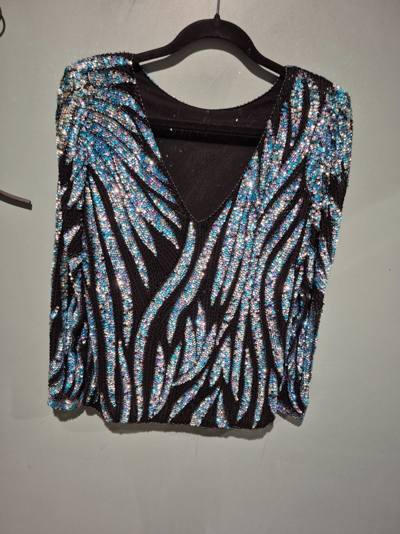 Silver, Blue, & Black Oleg Cassini Sequin Blouse, S